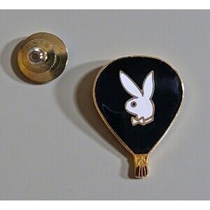 Vintage Playboy Bunny Hot Air Balloon Enamel Pin Black Gold Logo Rare Button